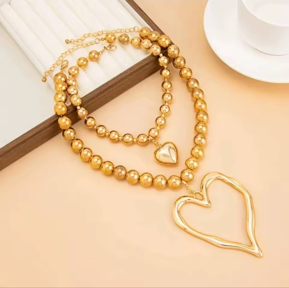 Gold Double Strand Heart Necklace - Picture 8 of 8